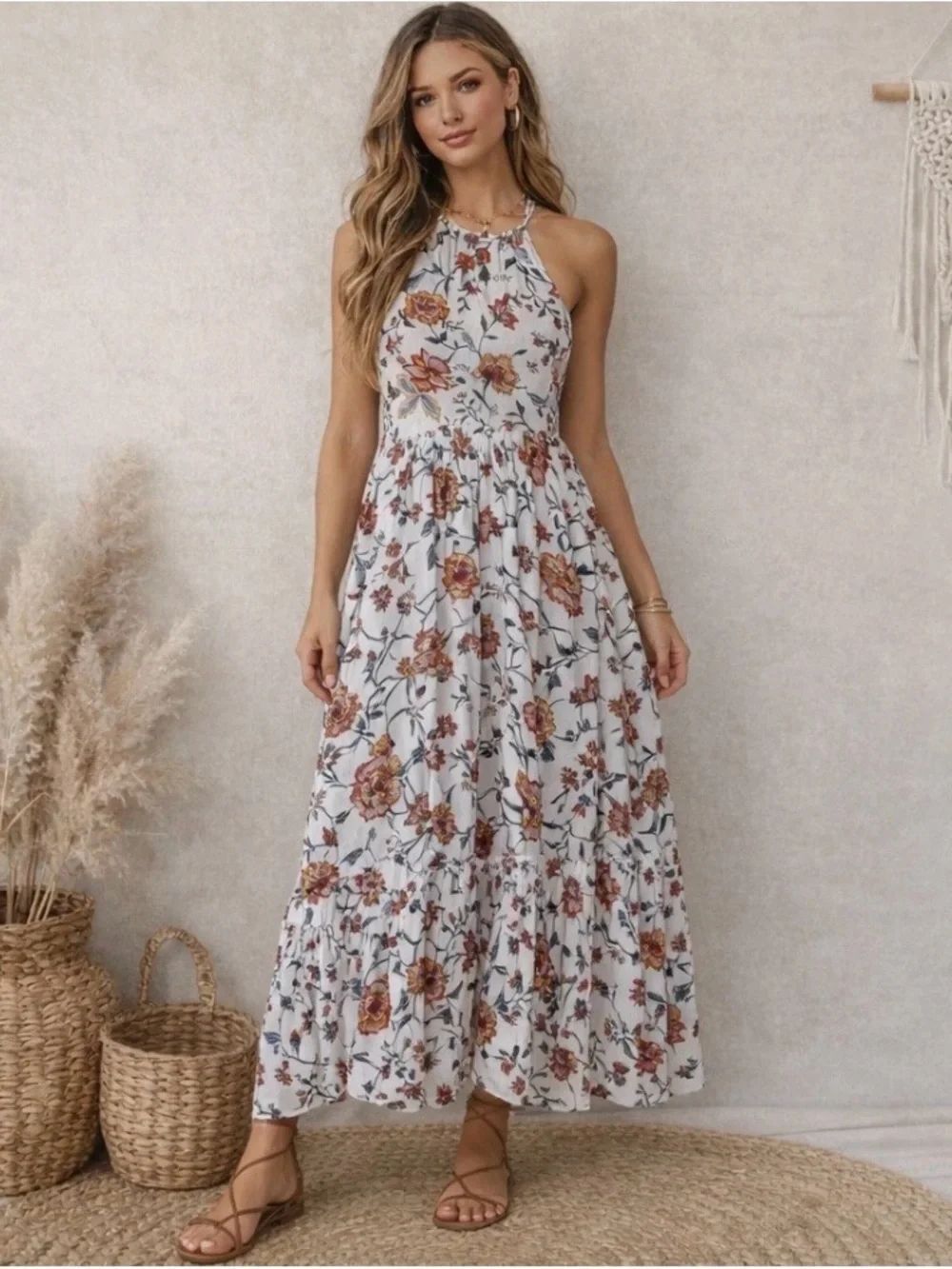 NEW Old Navy Floral Halter Maxi Dress Boho Tiered Cottagecore Sundress Sz Small